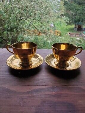 Vintage Royal Winton Grimwades Golden Age Teacup & Saucer Set of 2 Gold Lustre